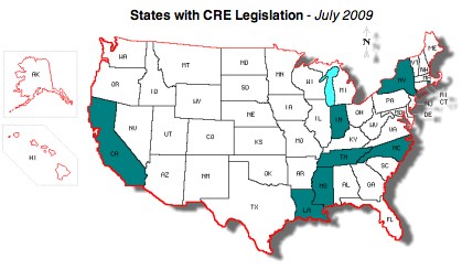 Map highlighting states with CRE Legislation: California, Indiana, Louisiana, Mississippi, New York, North Carolina, Rhode Island, Tennessee